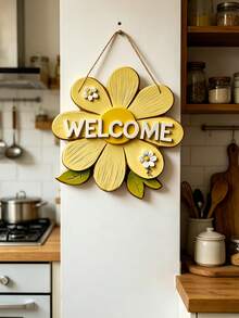 1 pieza Letrero de bienvenida floral de madera con grabado "BIENVENIDO", adecuado para varias ocasiones, fácil de colgar, el diseño asimétrico crea una atmósfera cálida de primavera - Multicolor - Ver 6
