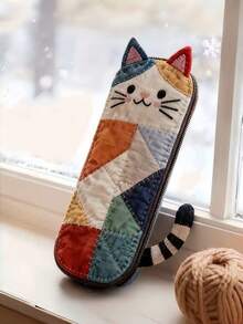1PC Cute Patchwork Cat Pencil Case, Colorful Quilted Fabric Pen Bag, Decorated With Cat Ears And Tail, Adorable Cartoon Kitten, B, First Day Of School - Multicolor - View 6