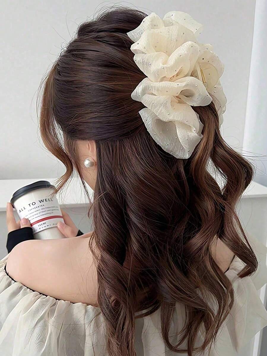 2/1 Elegante y lindo clip de pelo de malla negra con forma de nube, adornado con cintas de strass brillantes, adecuado para peinados de coleta o moño. Accesorios de moda diarios, clips de pelo para otoño e invierno, artículos esenciales para usar en vacaciones. - Modelo regular - Ver 1