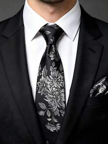 Men's Tie Set, Classic Fashion Necktie & Pocket Square Set, Suitable For Weddings, Business And Banquets. - Black Silver - View 1