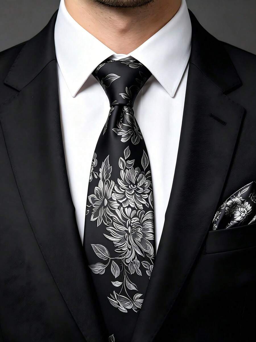 Men's Tie Set, Classic Fashion Necktie & Pocket Square Set, Suitable For Weddings, Business And Banquets. - Black Silver - View 1