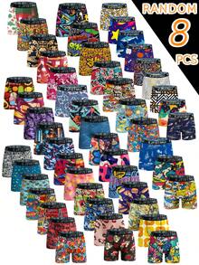 4/8/12/16 Pack Men's Fun Print Boxer Briefs, High Elastic Breathable Polyester Spandex Blend, Abstract Pattern, Daily Sport & Leisure, Cycling Shorts - Multicolor - View 17