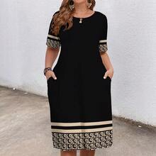 Plus Size Women Summer 2026 New Arrival Round Neck Contrast Color Short Sleeve Dress With Pockets Comfortable Elegant Fashion - Green Flowers - View 7