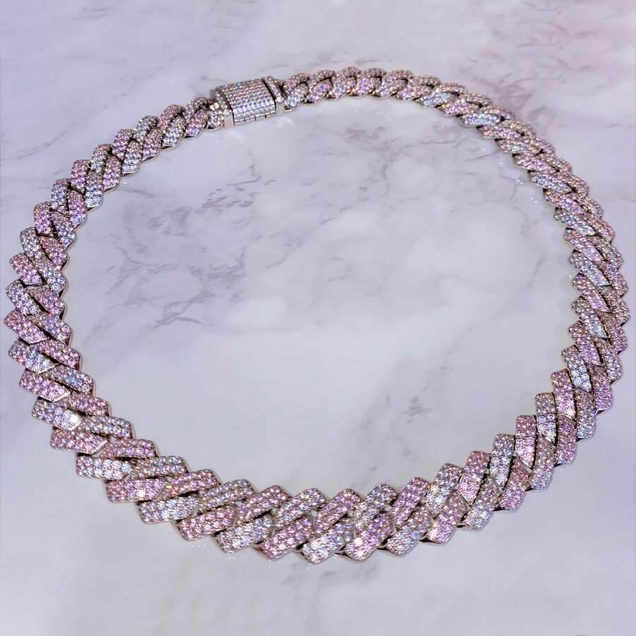 Hip Hop Cuban Link Chain Necklace For Men Women, Iced Out Rhinestone Pink White Miami Chain, Unisex Bling Jewelry Gift - Silver - View 1