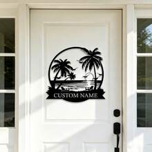 Personalized Palm Tree Beach Metal Sign, Round Coastal Sunset Custom Name Sign, Tropical Beach Home Decor Gift, Outdoor Backyard Wall Decor - Black - View 5
