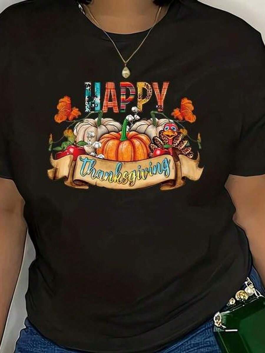 Plus Size Short Sleeve Round Neck Casual Blouse With Pumpkin Print - 黑色 - 查看 1