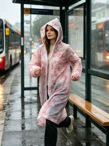 1/2pcs Pink Floral Print Long Raincoat, Strong Waterproof & Rainproof, Lightweight Portable Foldable, Hooded Loose Fit, Practical For Outdoor Commute & Travel - Pink Flowers - View 4