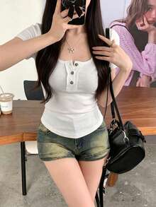 女款拼色短袖夏季通勤百搭休閒T恤上衣 - 大白色 - 查看 4