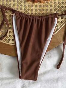 2pcs Sexy Summer Bikini Set - Beige Triangle Top And High Slit Bottom With Bronze Metal Rings And Adjustable Ties Vacation Beach Brown - Brown - View 5