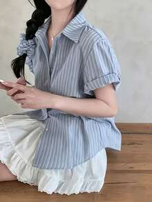 Women's Fashion Button Striped Shirt Collar Short Sleeve Top, Suitable For Daily Wear With Headband Summer - Baby Blue - View 4