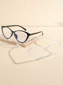 2 Pairs Classic Cat Eye Glasses Set, White & Black Frame Fashion Eyewear, Versatile Daily Outfit Accessory, Suitable For Women - Two - View 3