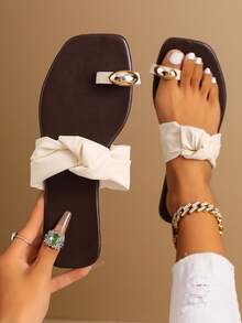 Women Coffee Beige Contrast Twist Bow Slide Sandals Oval Metal Toe Ring Flat Slippers - White - View 5