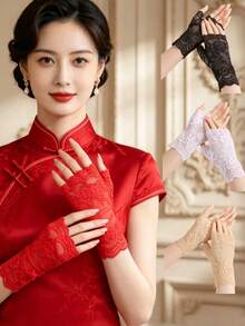 1 Pair Solid Color Spring/Summer Ultra-Lightweight Half-Finger Women's Gloves, Thin Sun Protection Half-Finger Gloves Suitable For Tea Picking, Driving, Cycling, Comfortable And Durable, Elastic Short Arm Guard Gloves, Holiday Gift, UV Protection - A - View 7