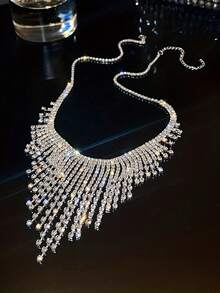 1PC Luxury Crystal Tassel Necklace For Women Shiny Geometric Full Rhinestone Chain Choker Necklace For Dress Nightclub Jazz Dance Jewelry - Style 1 - View 2
