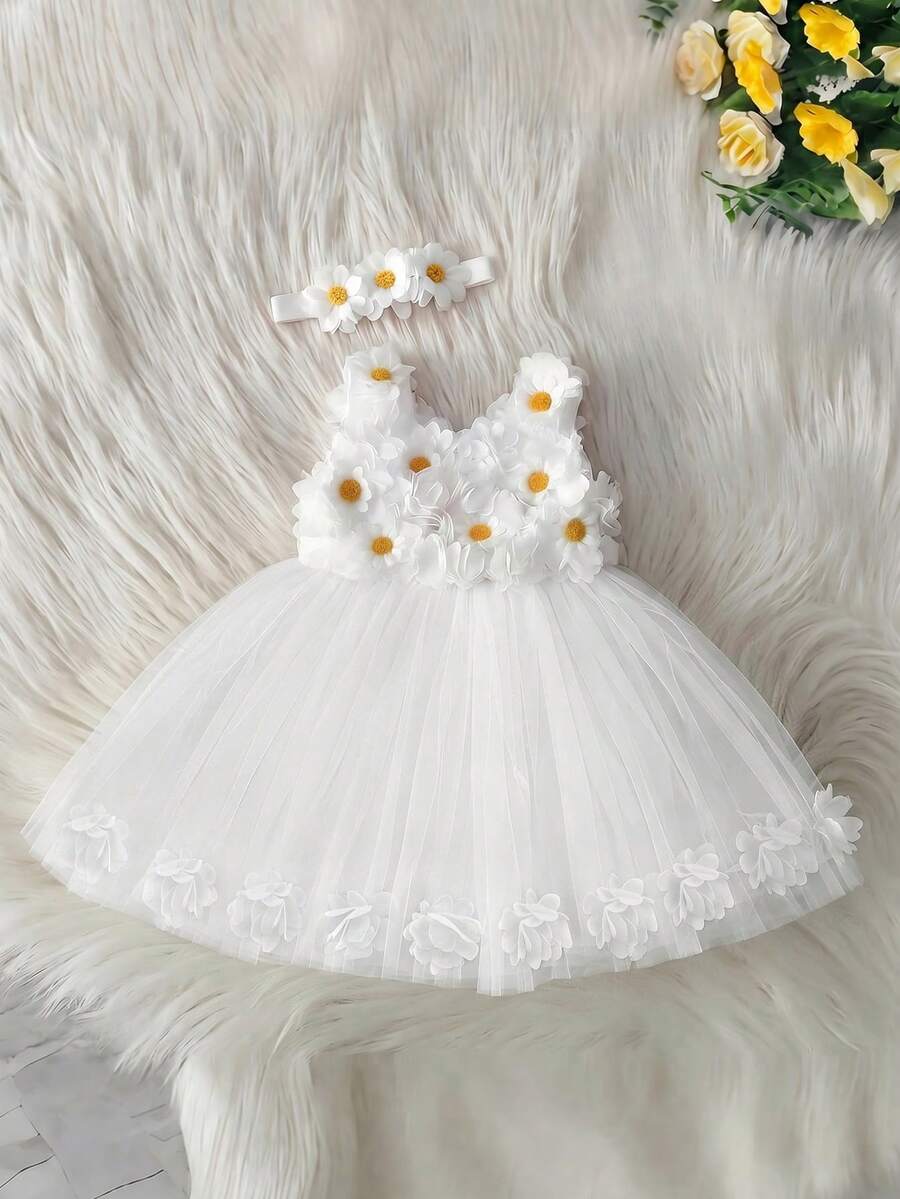 Baby Girl White Sunflower Floral Princess Dress Cake Skirt Dress With Headpiece, Suitable For Children's Birthday, Flower Girl, Wedding, Toddler Graduation, Important Occasions And Festivals - White - View 1