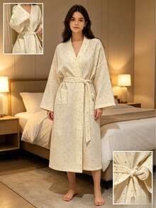 1 Stück Damen-Pyjama-Morgenmantel, europäisch-amerikanischer minimalistischer Langarm-Schlafanzug, Frühling/Herbst neu, süß und niedlich, von Small bis Große Größen, ganz in Rosa mit Schleife, Langarm, schmale Passform, einfarbige Loungewear, Schulanfang-Saison, universell für Damen, lässig - Aprikosenfarbene Punkte - Übersicht 1