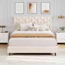 Bed Frame With Headboard, Noise-Free Upholstered Platform Bed With Solid Wood Slat Support, Heavy Duty Platform Bed With Under Bed Storage, No Box Spring Needed & Easy Assembly 
﻿ - Off White - View 3