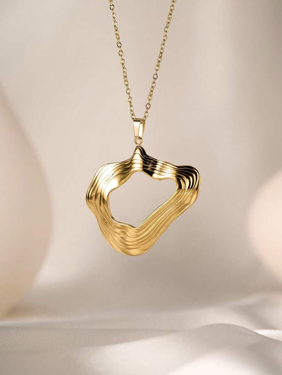 1pc Fashionable Personalized Stainless Steel 18K Gold Plated Geometric Asymmetrical Heart 3D Line Textured Pendant Necklace, Clavicle Chain Jewelry For Women, Suitable For Party And Date - Gold - View 1