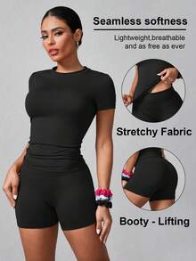 Conjunto deportivo de mujer de unicolor simple con pantalones cortos y manga corta, negro de verano - Negro - Ver 1