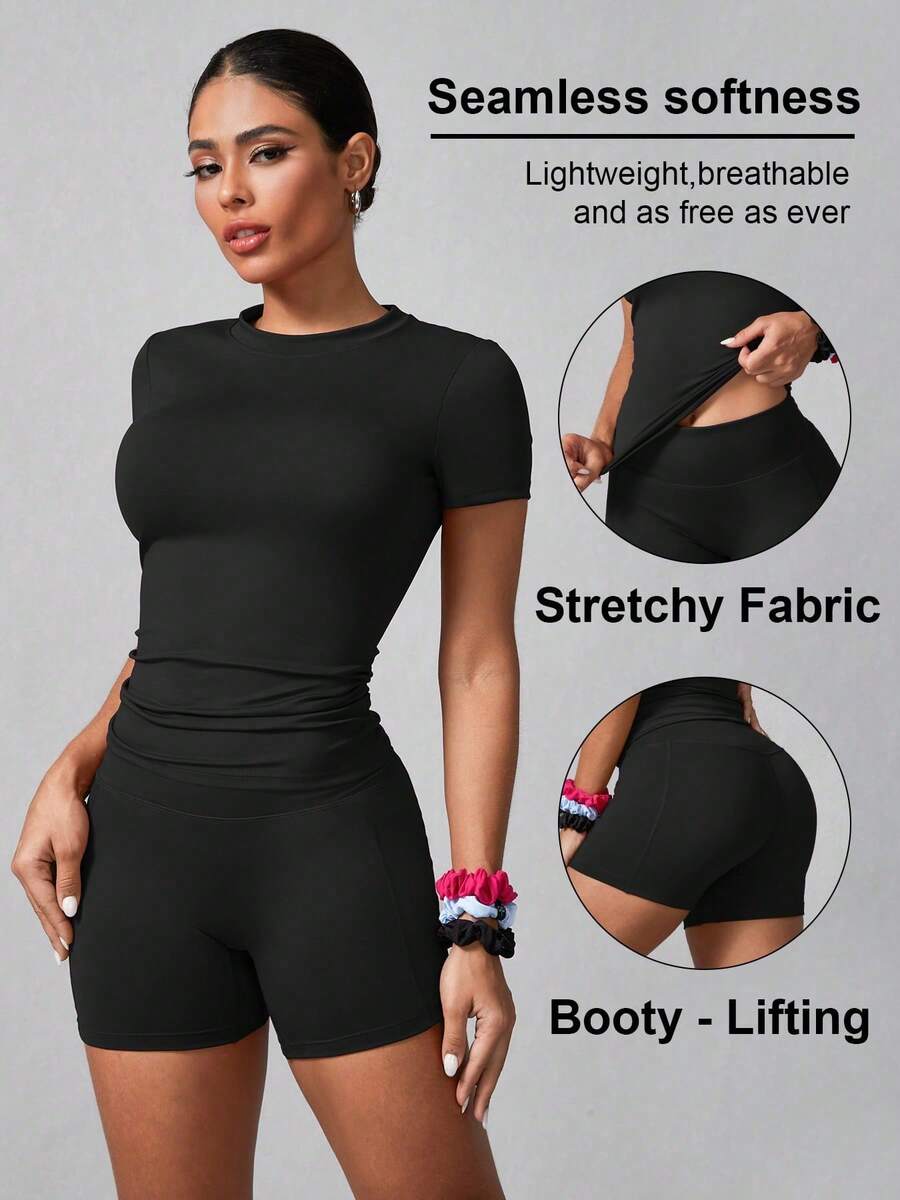 Conjunto deportivo de mujer de unicolor simple con pantalones cortos y manga corta, negro de verano - Negro - Ver 1