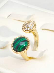 1 pièce Bague ouverte hémisphérique de design luxueux, bague pour femme en cuivre plaqué or avec pierre de zircone - Vert - Voir 1