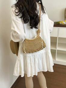 New Minimalist Woven Handmade Women's Beach Bag - Khaki - View 3