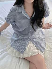 Women's Fashion Button Striped Shirt Collar Short Sleeve Top, Suitable For Daily Wear With Headband Summer - Baby Blue - View 3