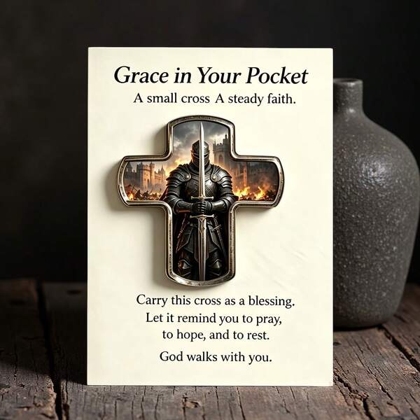 Pocket Embrace Templar Knight Cross Prayer Figurine 2D Crusader Knight Statue With Prayer Card, Encouraging Message, Suitable For Prayer Gift, Room And Office Decor, Best Prayer Gift For Family And Friends