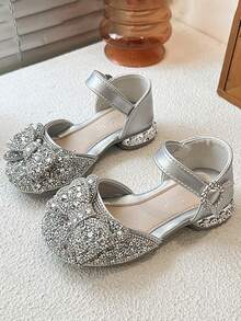 1 par de sandalias con lazo de strass plateado para niñas/niños, con suela blanda antideslizante, zapatos de princesa con , transpirables para rendimiento/baile - Plateado - Ver 2
