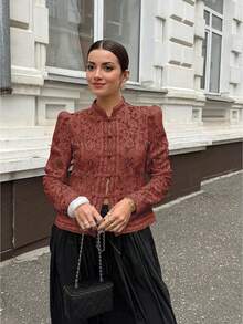 Women's Spring And Fall Elegant Semi-Sheer Lace Blouse With Stand Collar And Long Sleeves Regular Fit Button Details Woven Fabric Vacation - Brown - View 7
