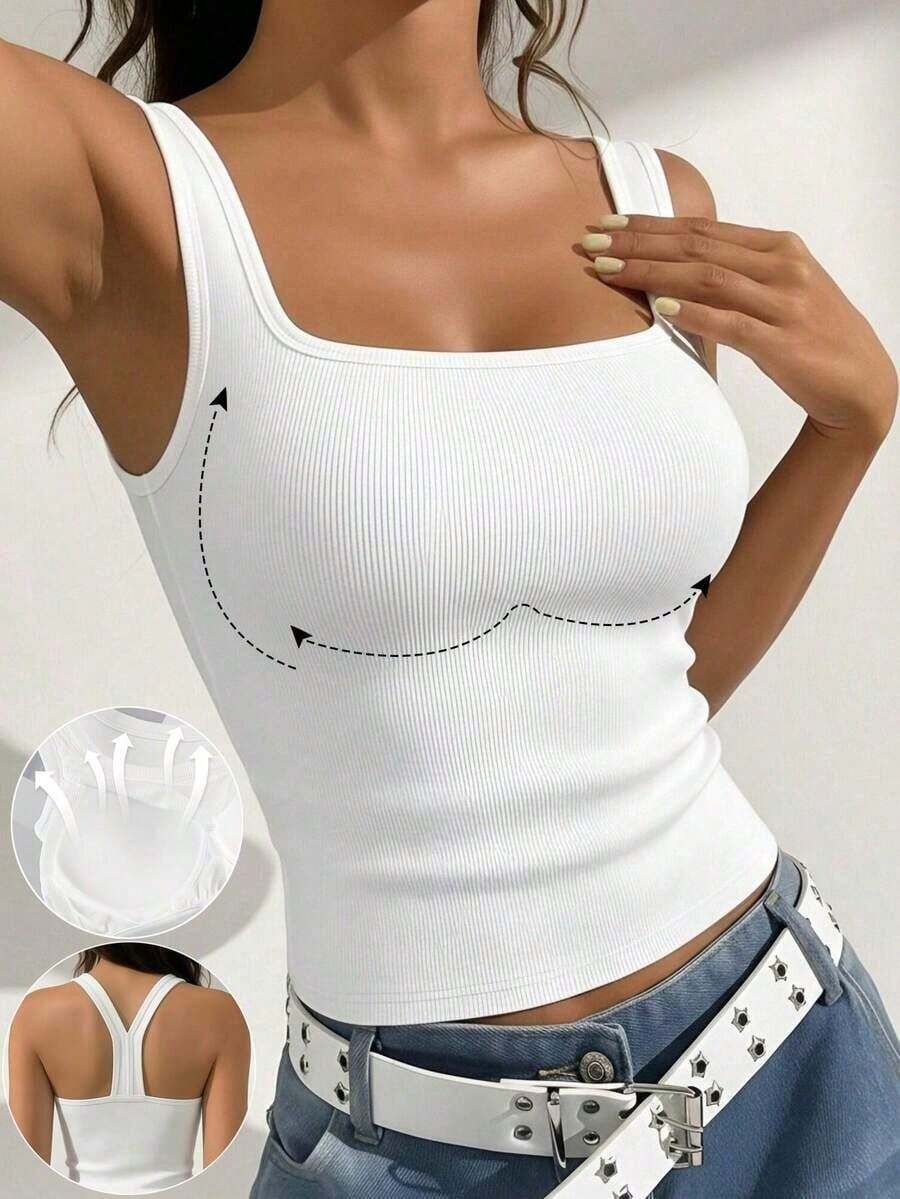1pc Women's Minimalist Casual Padded Camisole, Fitted Sleeveless Solid Color Square Neck Knit White Top - White - View 1