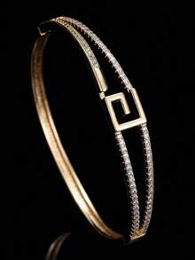 1pc Elegant Minimalist Low-Key Sophisticated Geometric Scroll Pattern Double-Layer Pave Zirconia Bracelet For Women, Daily Wear, Street Style, Photo-Ready, Matching Accessory - Bracelet - View 5