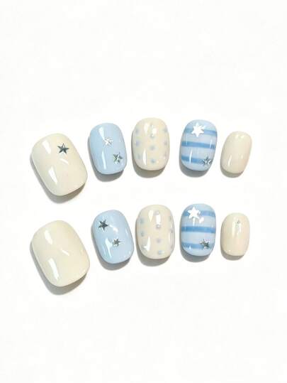 10pcs Soft Cream White And Sky Blue Mix With Silver Stars, Blue Polka Dots And Stripes. Fresh Minimalist Style, Glossy Short Oval Nails, Ideal For Summer Daily Wear.
