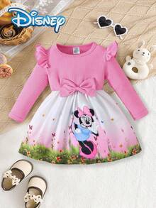 [Official Licensed]Disney Mickey Mouse Autumn/Winter Bow Long Sleeve Dress, Featuring Cute Minnie Mouse Cartoon Pattern, Slightly Elastic, Suitable For Girls' Daily Wear, Great Gift - Pink - View 1