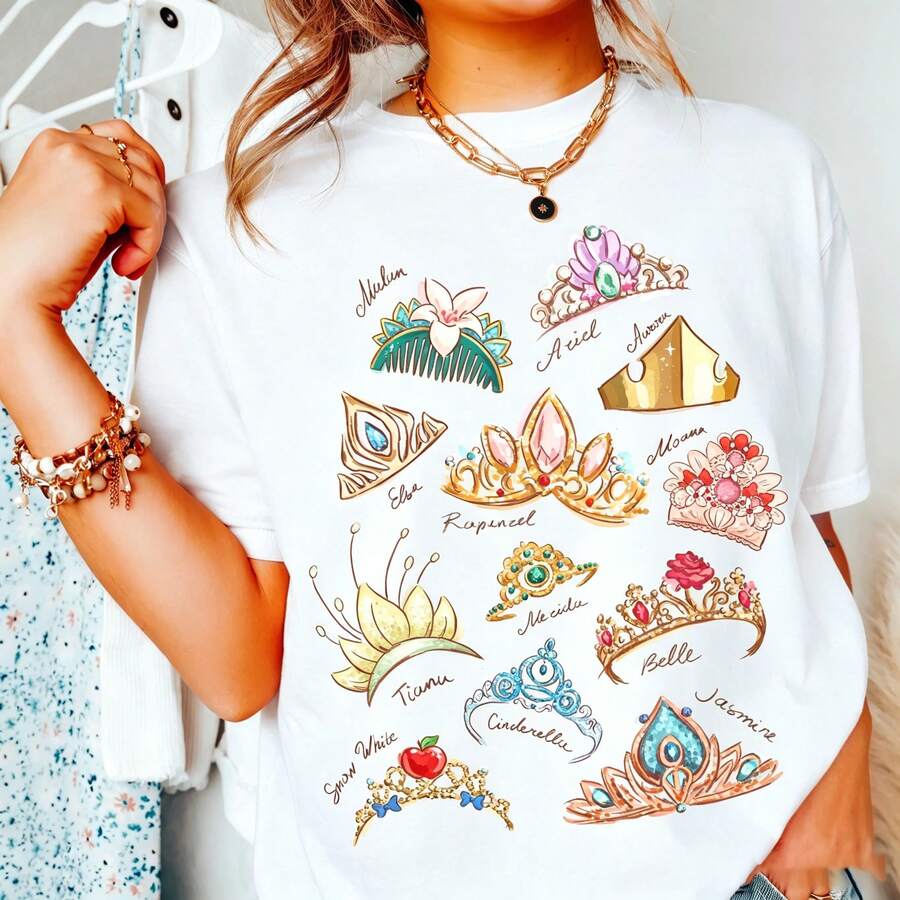 Disney Princess Crown Oversized T-Shirt Disneyworld Shirt Cinderella Belle Rapunzel Ariel Snow White Disney Girl Trip Shirt Vacation Outfits Women - White - View 1