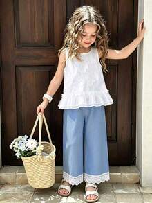 Conjunto de 2 piezas estilo etéreo y fresco para niñas, top sin mangas con jacquard 3D de verano + pantalones de pierna ancha con ribete de encaje, adecuado para la escuela, uso diario, paseos al aire libre, reuniones de té de la tarde - Blanco - Ver 2