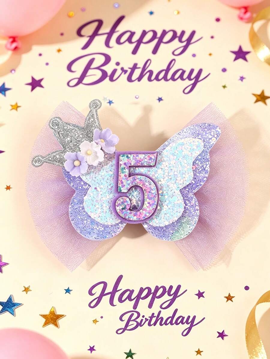 1個女孩生日快樂蝴蝶髮夾,紫色薄紗皇冠髮飾蝴蝶結,可愛髮夾海灘必備派對禮物髮飾 - 彩色 - 查看 1