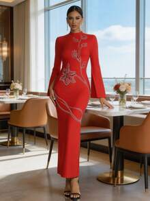 Love Aing Elegant Red Long Sleeve Dress With Sequin Embellishments And Slit Design, Graceful And Sophisticated, Suitable For Wedding, Holiday, Date, Cocktail Party, Evening Event And Party Occasions - Red - View 3