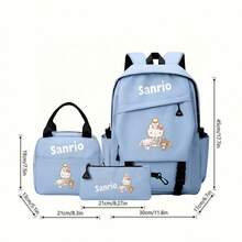 Miniso Ensemble de 3 pièces de sac à dos Sanrio Hello chat, sac à dos scolaire décontracté imprimé avec amis, combiné avec sac fourre-tout & trousse à crayons pour étudiants - Bleu azur - Voir 5