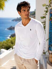 T8587 DEWBERRY Men V NECK LONG SLEEVE T-SHIRT - White - View 1
