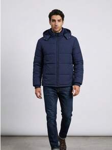 Men's Thermal Waterproof Lined Jacket With Hood, Winter Coat For Cold Weather - Navy Blue - View 3