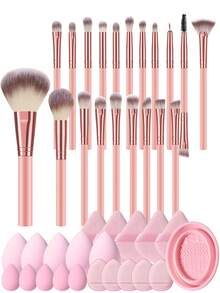 4/41piezas Juego Todo en Uno de Brochas y Esponjas de Maquillaje, Brochas Multitipo + Esponjas + Borlas Triangulares/Dedo + Mini Esponjas + Tazón de Limpieza, Herramientas Cosméticas Completas para Maquillaje Diario - Rosa Pálido - Ver 1