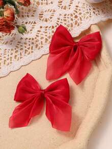 12/2pcs Children's Gauze Bow Hair Clips, Suitable For Daily Wear - Burgundy - View 6