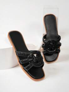 Summer New Rhinestone Braided Women's Square Toe Flat Slide Sandals, Elegant High-End Outdoor Slippers - Black - View 2