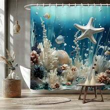 1/3/4 Pcs Starfish Bathroom Curtain Set, Creative Decorative Bathroom Set Including Waterproof Shower Curtain, Non-Slip Mat, Toilet Lid Cover, Bath Mat And 12 Plastic Hooks, Bathroom Decor, Shower Curtain Set, Home Decor, Bathroom Accessories (Please Select The Appropriate Size According To The Size Chart To Avoid Being Too Large Or Too Small) - Multicolor - View 3