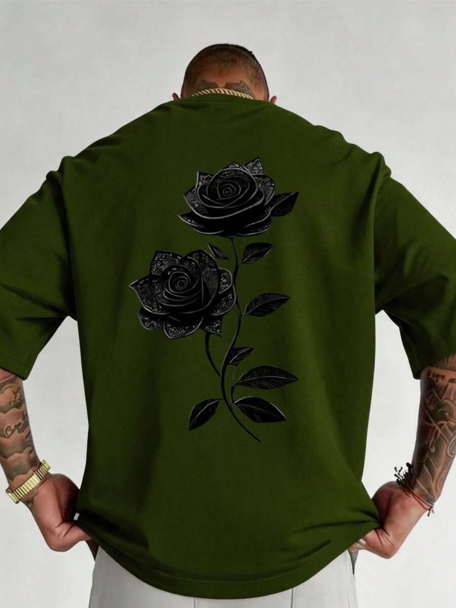 Men's Plus Size Short Sleeve, Casual Fashion Multi-Purpose Rose Pattern Crew Neck T-Shirt, Summer Style - Army Green - View 1