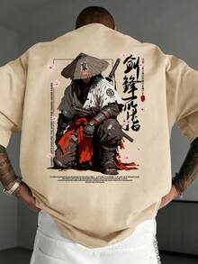 男士時尚日系熱血賽博插畫印花黑色圓領短袖T恤 - 杏色 - 查看 3