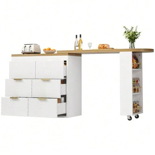 Bar Table/High Table With 6 Drawers, Kitchen Sideboard/Display Cabinet With Anti-Tip Device, 360° Swivel Multifunctional Table That Can Be Used As A Dining Table, Bar Or Desk For The Living Room, Kitchen Or Restaurant. - 白色 - 查看 1