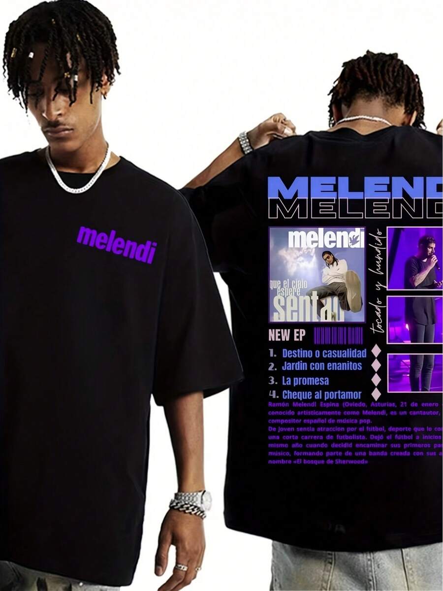 Camisetas Gráficas para Hombre y Mujer para la Gira del Rapero Melendi, con Diseños de Hip Hop y Música Pop en Mangas Cortas Casuales - Negro - Ver 1