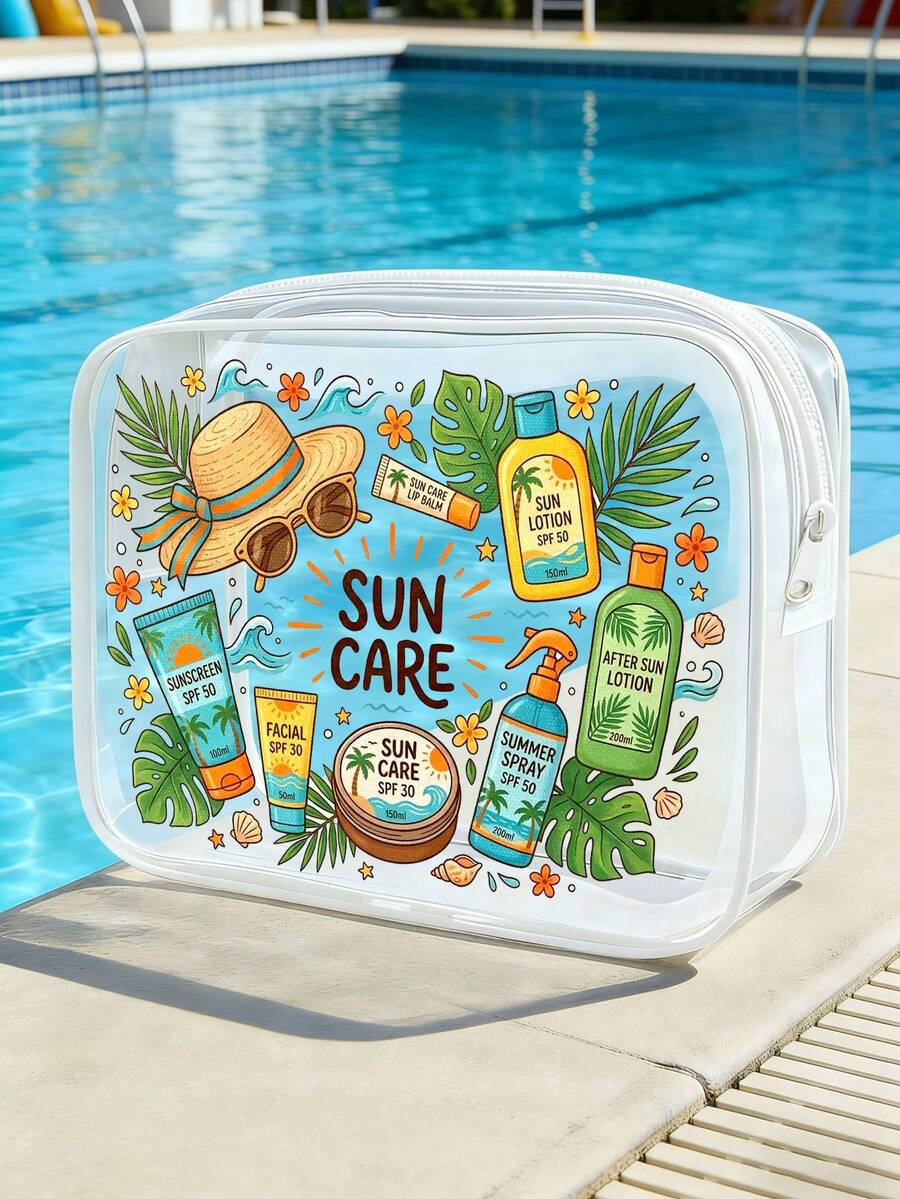 「Sun Care」字母印花 PVC 化妝包,女款 PVC 旅行收納包,拉鍊開合,輕量耐褪色化妝盥洗包,適合女性與女孩,TSA 認可便攜式化妝收納盒,易清潔設計,適合送給母親、老師、朋友、護理師、女性好友的禮物,適用於學校、度假、假期、返校用品,防水化妝包 - 彩色 - 查看 1